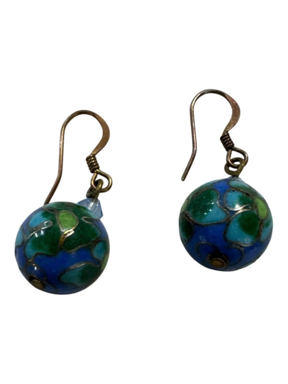 Vintage Cloisonné Bead Dangle Earrings With Blue & Green Floral Design